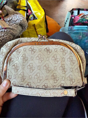 Guess Framed Cosmetic Clutch in Brown and pink
